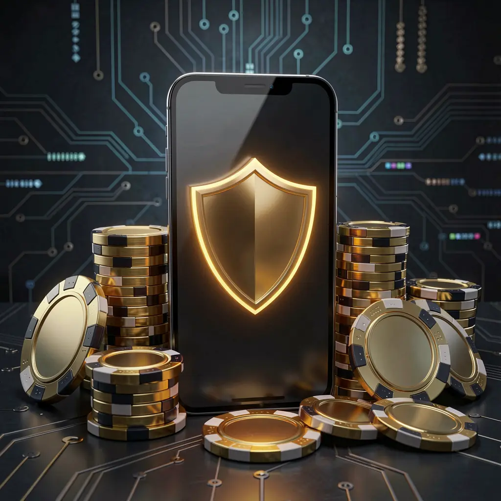 Realistic 3D render of a BK9333 secure mobile casino app concept showing a smartphone with a glowing shield icon surrounded by golden coins and chips against a dark luxury cyber background