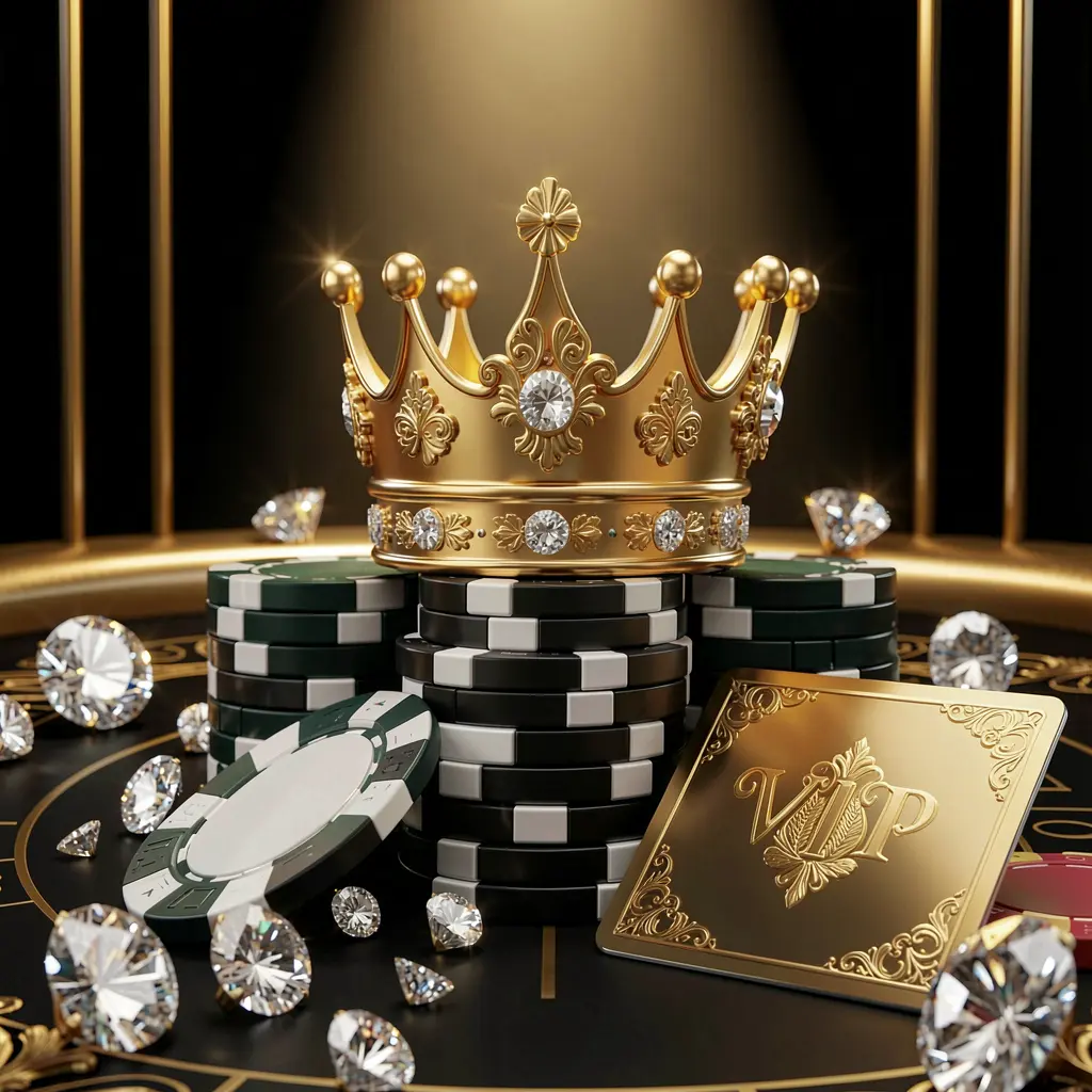 Elegant golden crown placed on top of poker chips with sparkling diamonds and a premium membership card on a luxury black and gold background, showcasing BK9333 VIP casino rewards in an exclusive high-end casino atmosphere