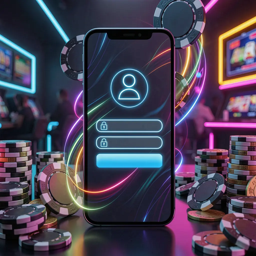 BK9333 mobile gaming login page concept displayed on a smartphone with an abstract login interface featuring user and lock icons, surrounded by casino chips and coins illuminated by luxury neon lighting