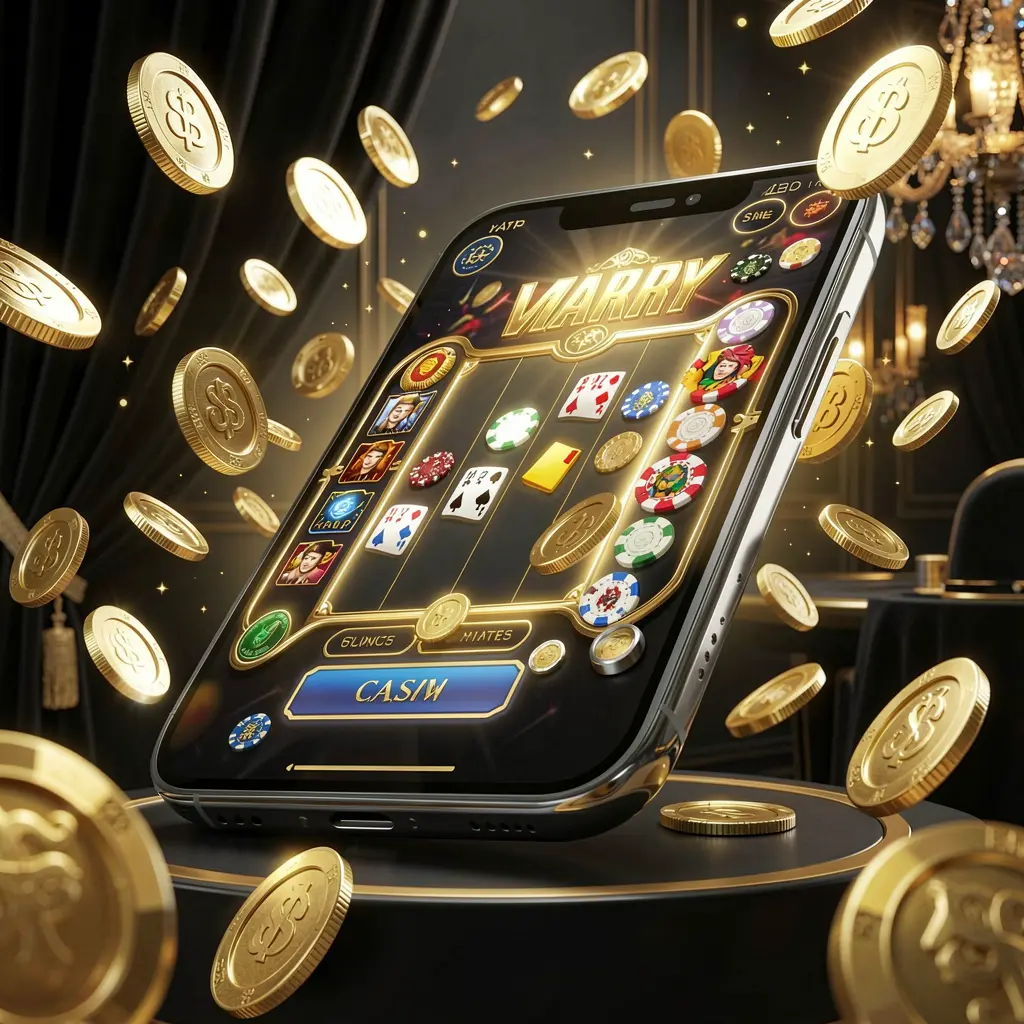 BK9333 modern online casino main page visual with a smartphone displaying a glowing gaming interface, surrounded by flying coins and chips in a black and gold luxury atmosphere, realistic 3D illustration